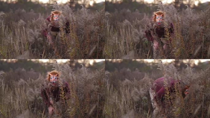 穿过黄草，戴着老虎面具的家伙滑倒，停下来，跑开4k慢速