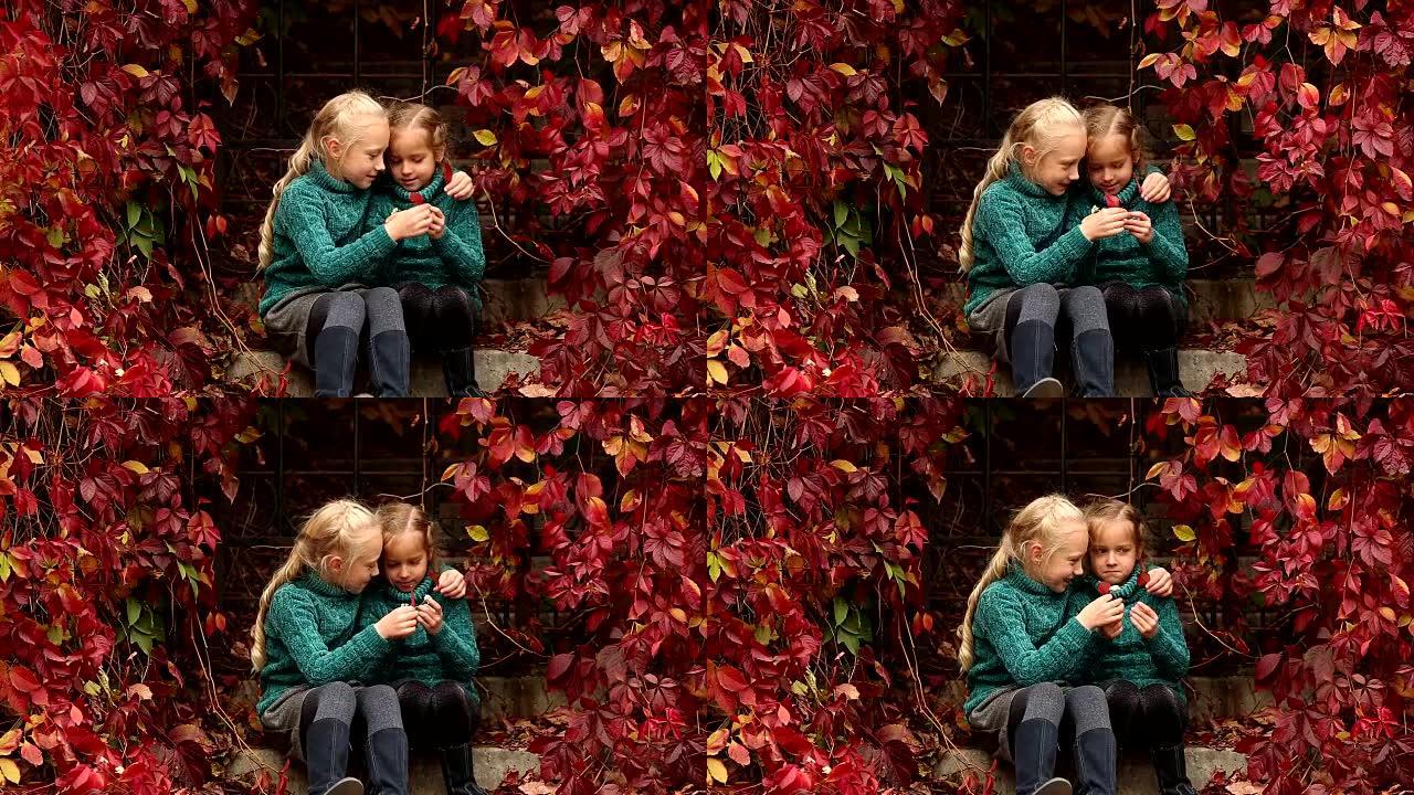 秋天，两个穿着翡翠毛衣的小姐妹坐在外面拥抱和说话