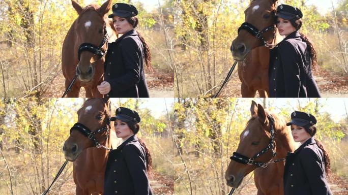 快乐的年轻女子带着马，微笑着。骑马人肖像。
