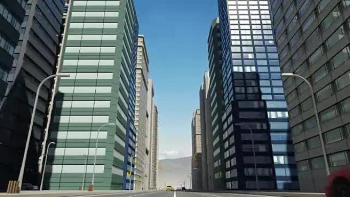 空中3D城市飞行动画越过终点