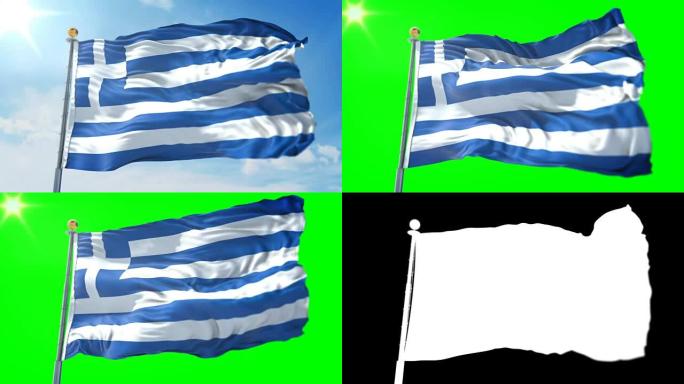 希腊国旗无缝循环3D渲染视频。美丽的纺织布织物环摆动