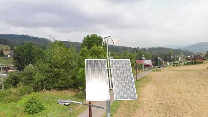 风力涡轮机和太阳能电池板发电。