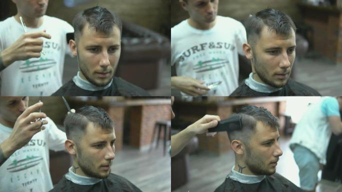 特写大师在理发店剪掉男人的头发和胡须，美发师为一个年轻人做发型