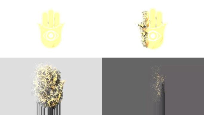 法蒂玛的手宗教符号动画，宗教法蒂玛的手图标的粒子尘埃动画。