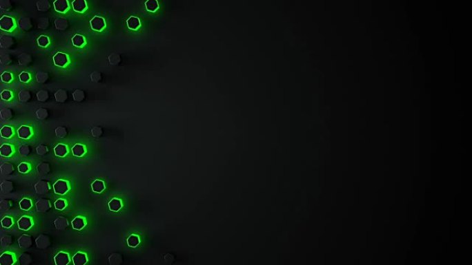 发光绿色haxagons和自由空间无缝循环3D渲染