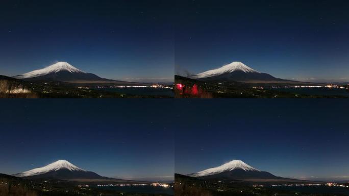 富士山的夜景和山中湖的延时电影