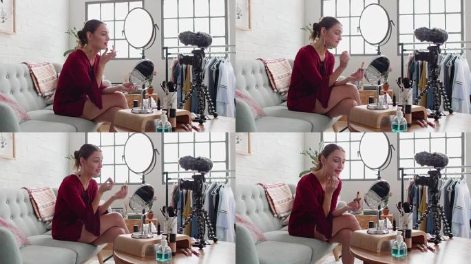 化妆内容创建者vlogger调整她的录音设备