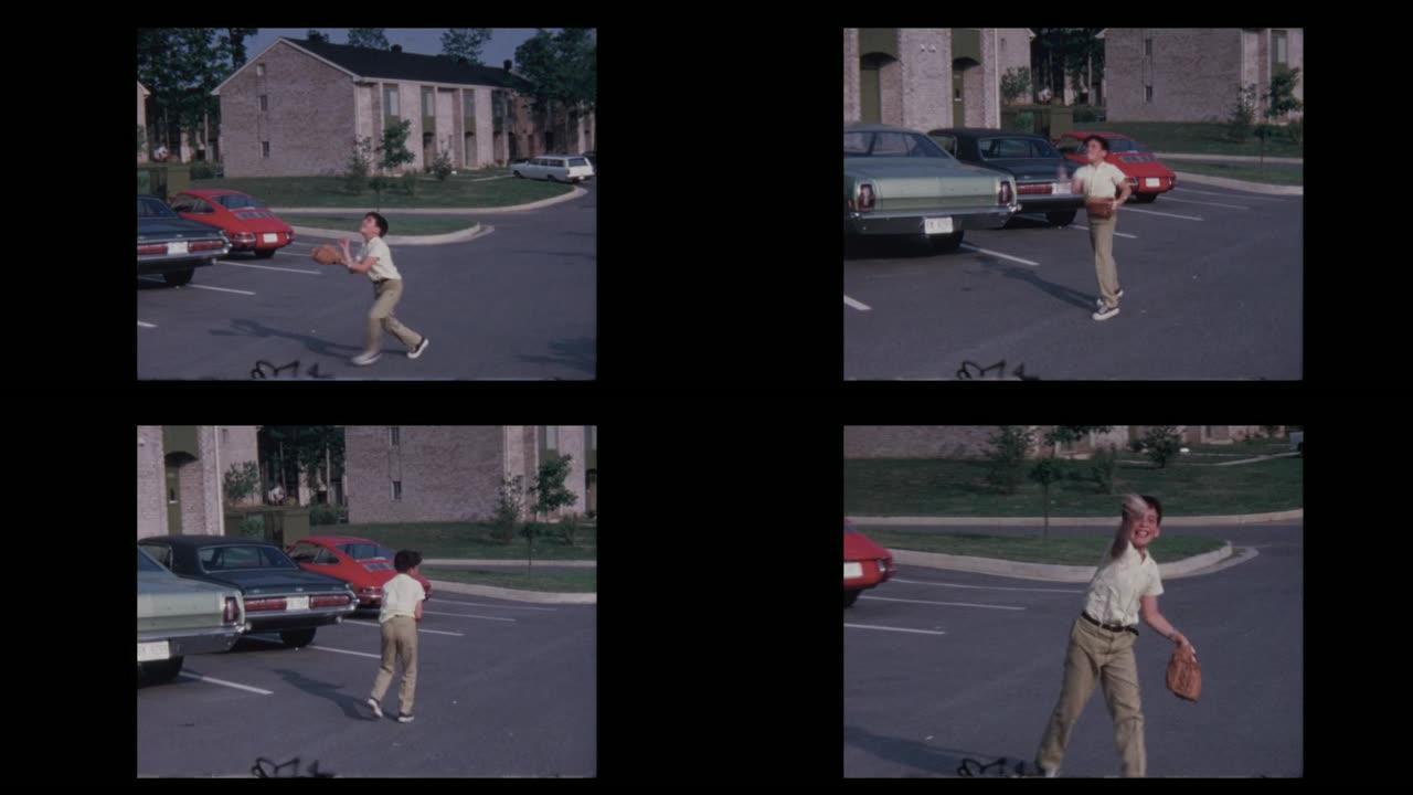 1971小男孩在停车场的空中扔棒球，假货扔给相机