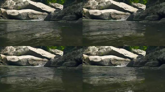 山地雨林景观中的石河。溪河在山瀑布的大石头上流动。美丽的风景野生自然