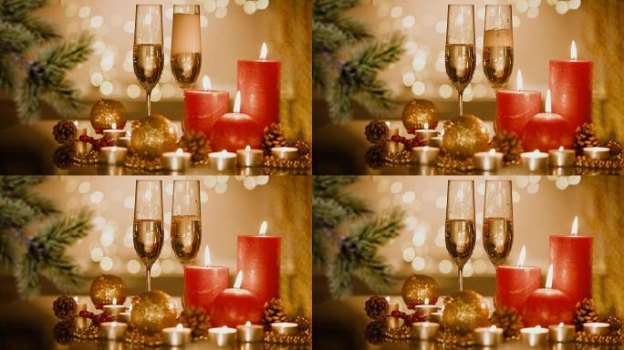 圣诞节和新年节日餐桌配有香槟。