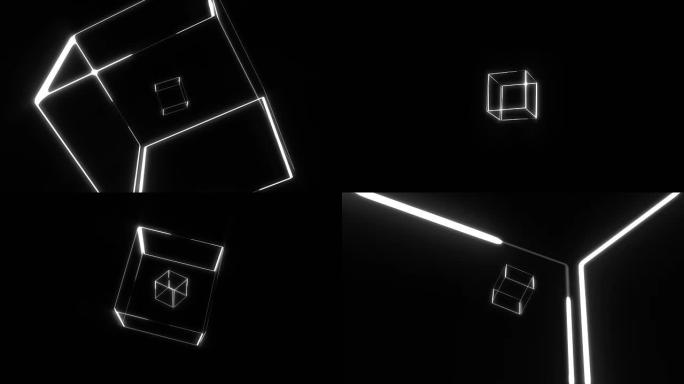 许多透明霓虹灯立方体在空间中旋转，3d渲染背景