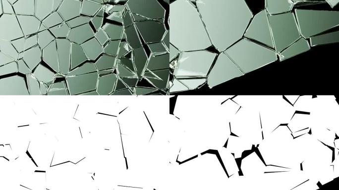 玻璃以慢动作破裂和破碎。阿尔法，3d渲染，3d动画