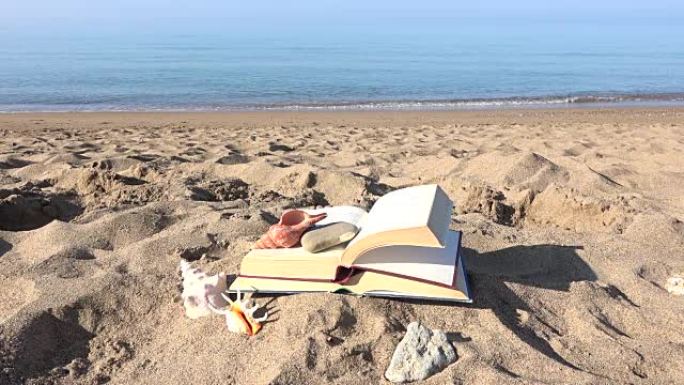 海滩和沙滩上的书