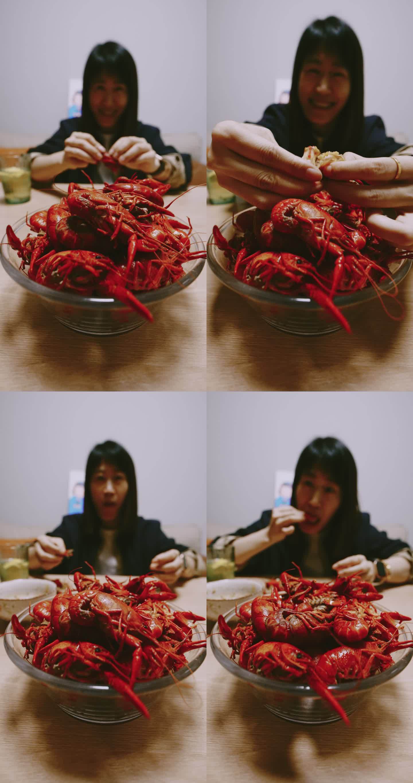 一个女人在家吃小龙虾吃播竖屏