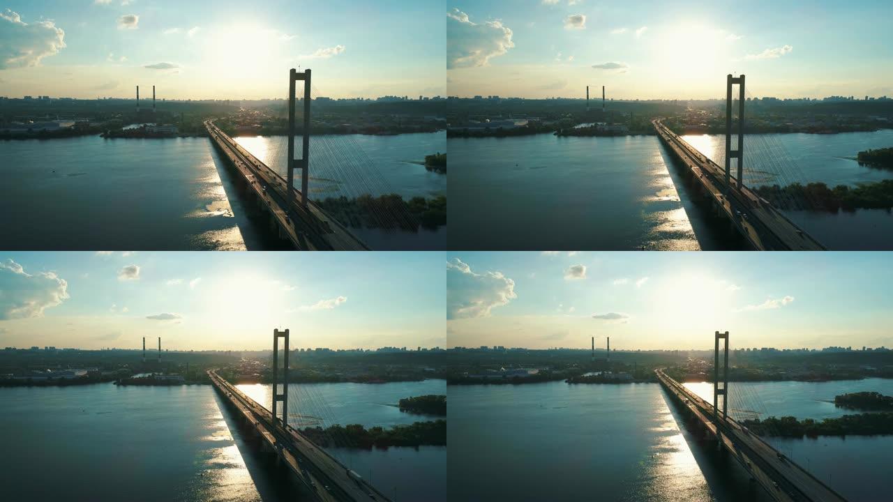 空中无人机镜头。在基辅向后飞南桥。