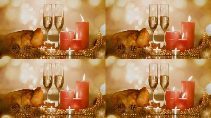 圣诞节和新年假期餐桌摆放烤鸡。