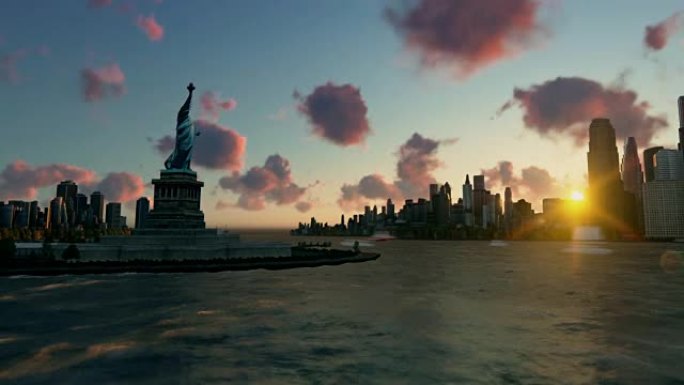 埃利斯岛的自由女神像与纽约的天际线和船只，时光流逝