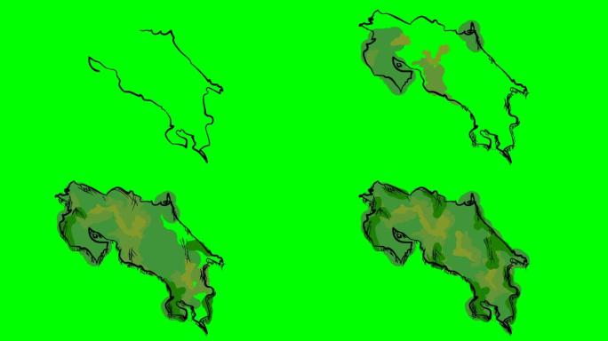 哥斯达黎加在绿屏孤立白板上绘制彩色地图