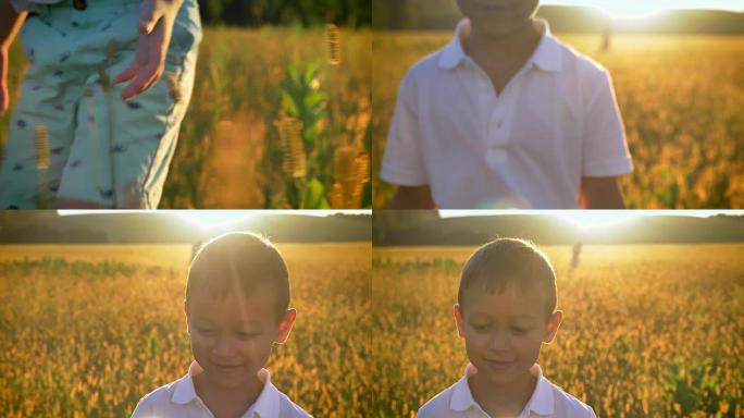 亚洲男孩白天在夏天走在田间，触摸庄稼，自然概念