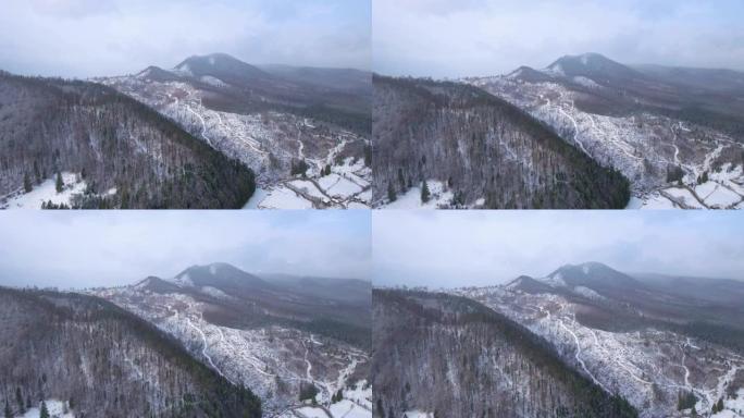 空中飘雪的冬季美景