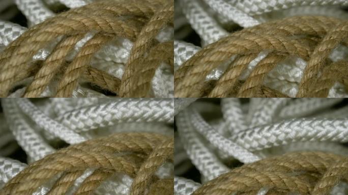 全景设置棕色、白色螺旋形特写的绳索。绳索背景设计