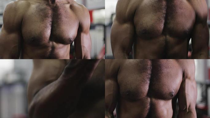 锻炼时裸体黑人胸部的特写镜头。