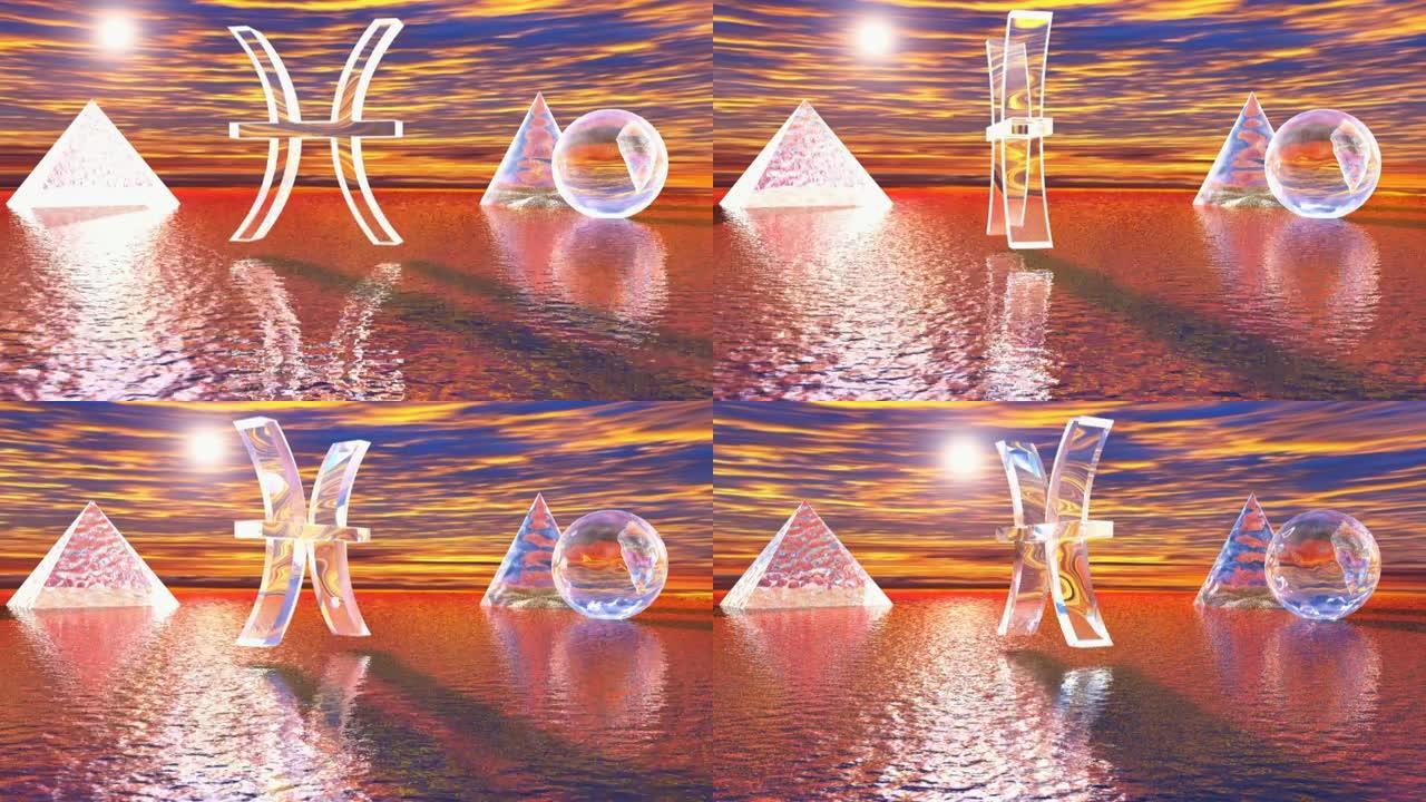 黄道十二宫双鱼座标志在海上旋转，靠近其他3D形状-3D渲染视频