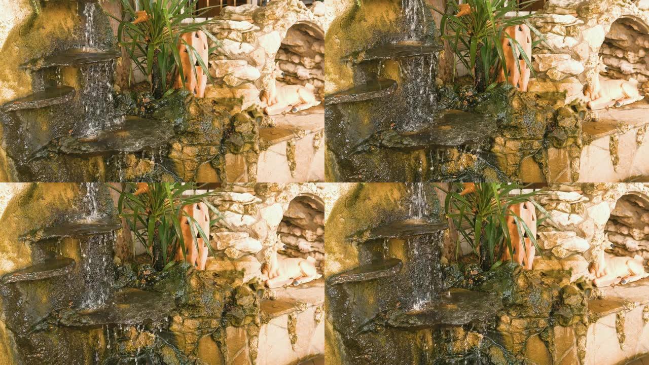 喷泉处的装饰性小瀑布。