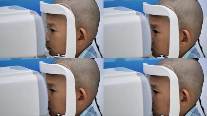 视力检查。有视力障碍的亚洲男孩。从脑部手术中看不到左眼。医疗和康复.视频4k