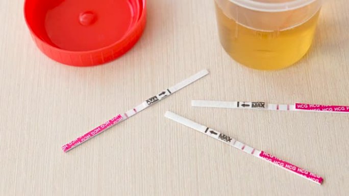 三个阳性妊娠试验结果，两张试纸放在桌子上。在尿罐旁边。