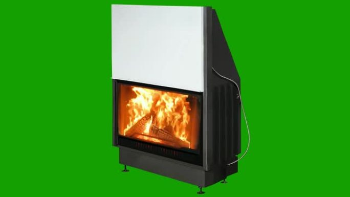燃烧的现代壁炉隔离在绿色屏幕上。色度键背景
