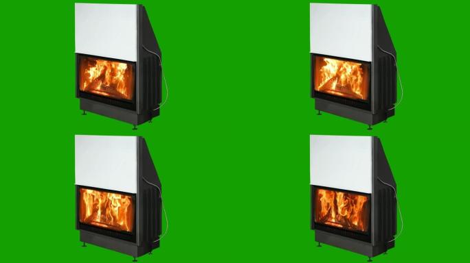燃烧的现代壁炉隔离在绿色屏幕上。色度键背景