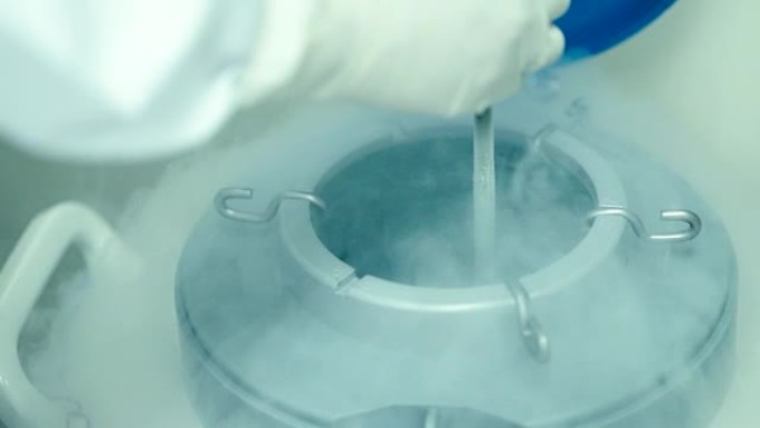科学家将细胞放入实验室的液氮罐，概念科学技术，慢动作