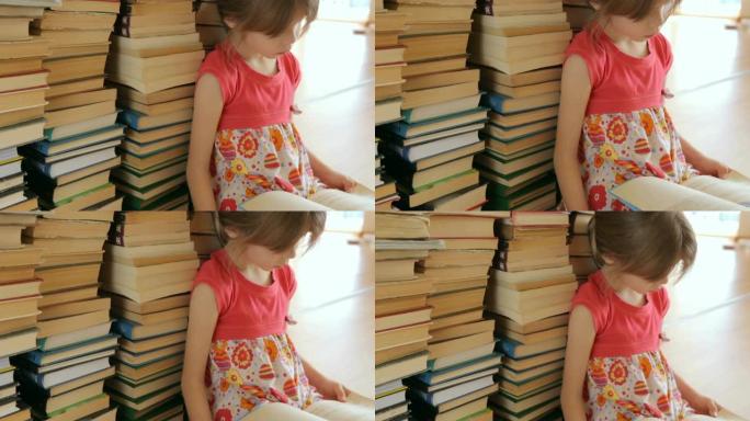 小女孩在书的背景上阅读