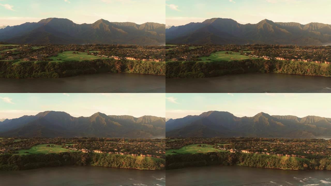 普林斯维尔考艾崖电影全景航空概览电影看山脉海岸线红色阳光
