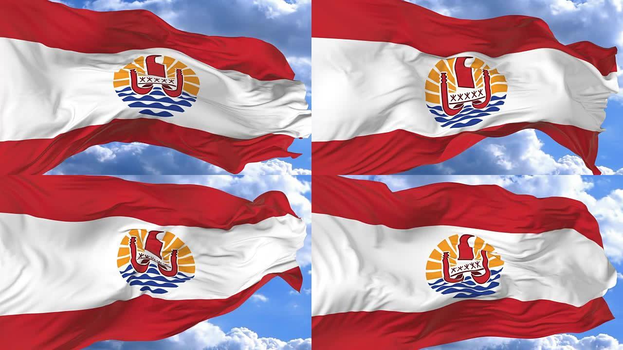 在法属波利尼西亚的蓝天上挥舞着旗帜