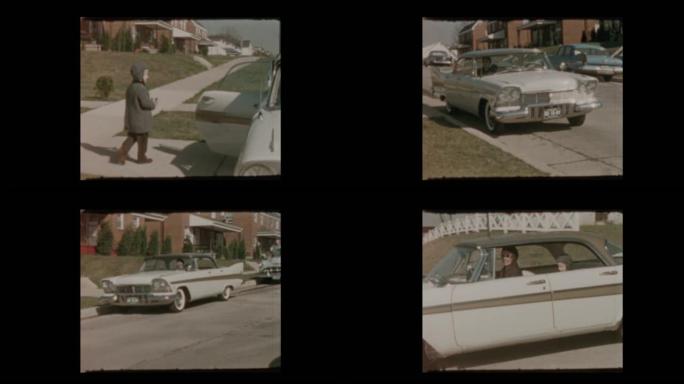 1959小男孩开枪帽枪和妈妈一起坐在老爷车里开车离开