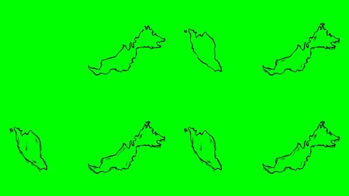 马来西亚在绿屏孤立白板上绘制轮廓图