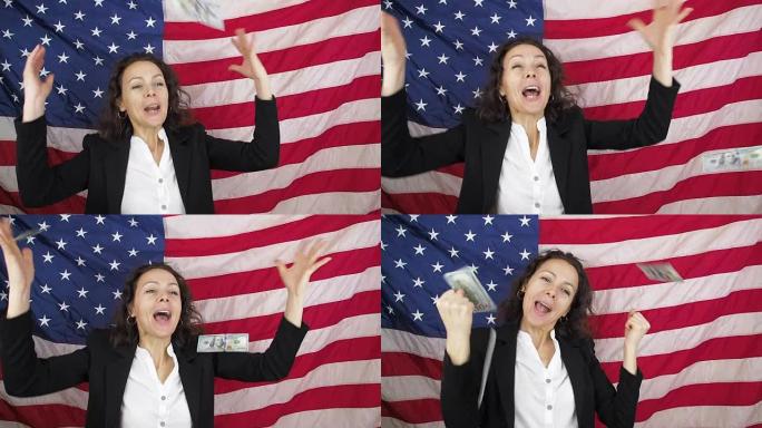 美国梦。美国国旗背景下的快乐商界女性。