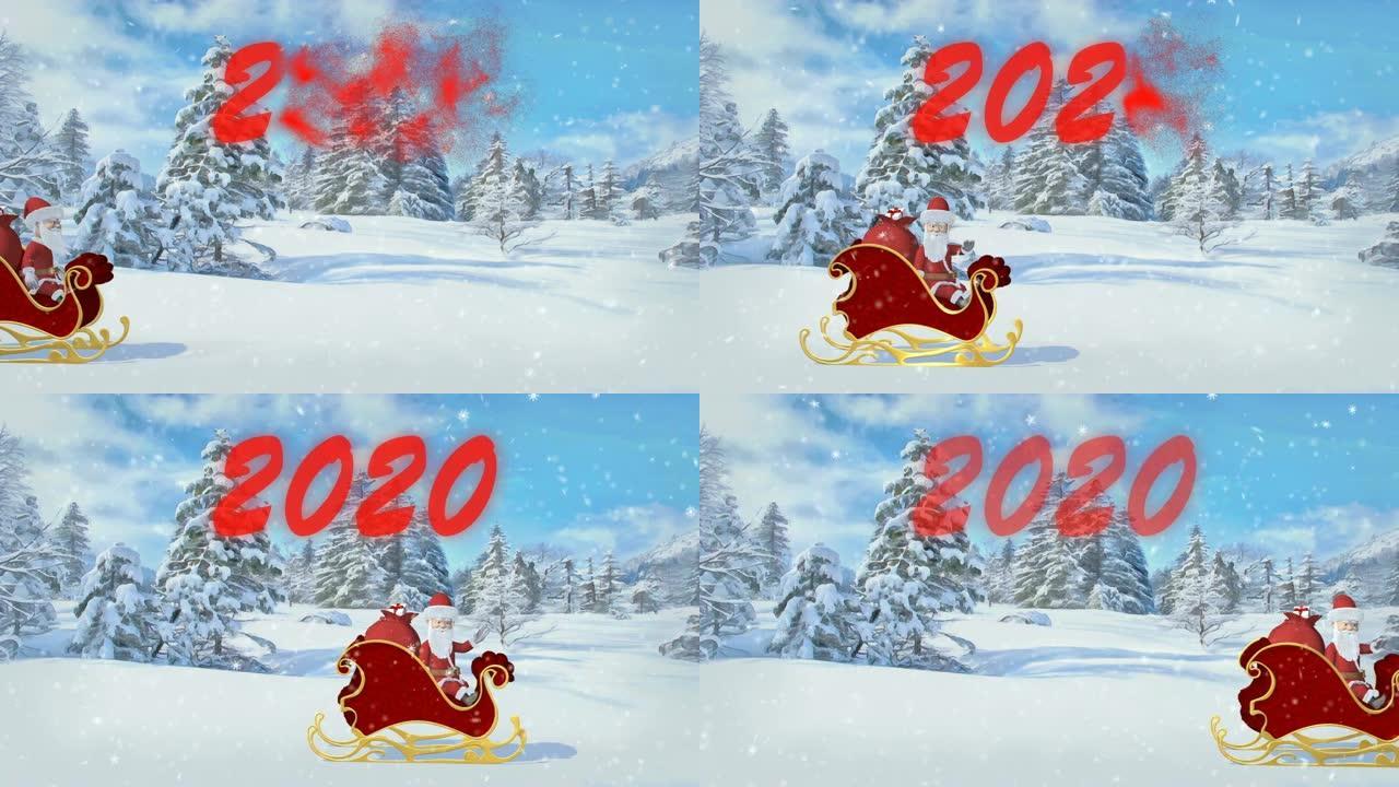 圣诞老人正骑着雪橇带着礼物在森林上空骑行。圣诞快乐，新年快乐2020动画。无缝循环。