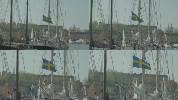 瑞典斯德哥尔摩的微风中挥舞着两面瑞典国旗