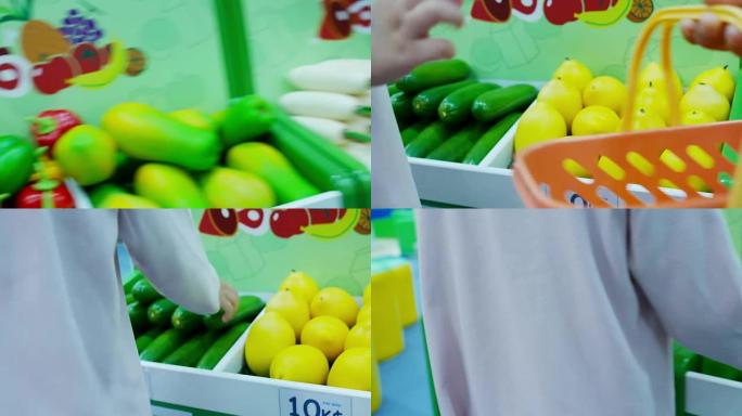 亚洲女孩玩购物水果和蔬菜