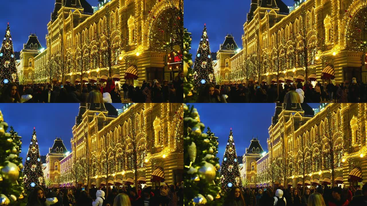俄罗斯莫斯科红场。克里姆林宫和口香糖购物中心附近的新年集市上的人们