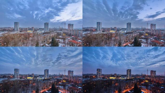 哈尔科夫市从白天到晚上在冬天延时。乌克兰