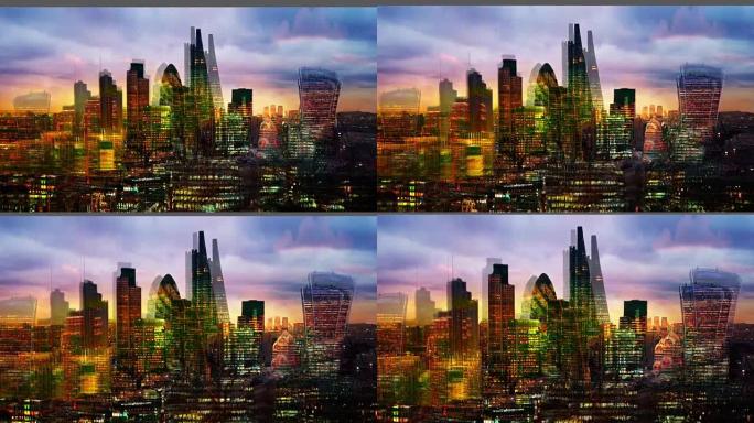 晚上的伦敦城。多重曝光图像包括日落时伦敦金融城金融咏叹调