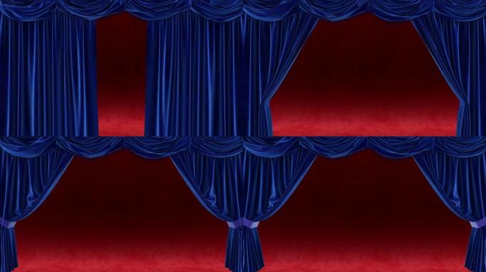 红色背景上的蓝色窗帘动画。