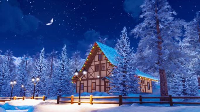 在平静的冬夜，白雪覆盖的高山房屋