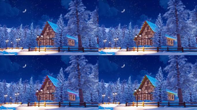 在平静的冬夜，白雪覆盖的高山房屋