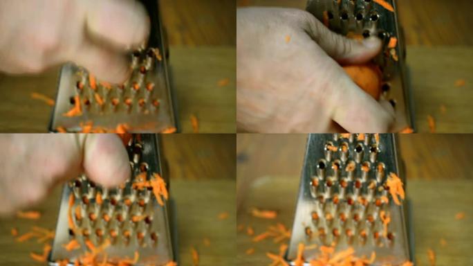 人的手用金属刨丝器切胡萝卜。