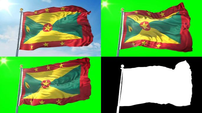 格林纳达旗帜无缝循环3D渲染视频。美丽的纺织布织物环摆动